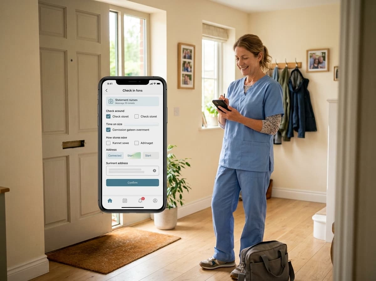 Home-care caregiver using a mobile app in a client home